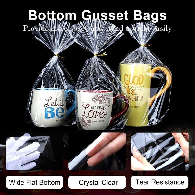 ZIMCEMS 50Pcs 8X12 inch Bottom Gusset Bags Clear Cellophane Gift Bags Plastic Gift Wrap Cello Bags for Party Favor Treats, Goodie,Bakery Cookie, Candy with 5" Twist Ties - Image 3